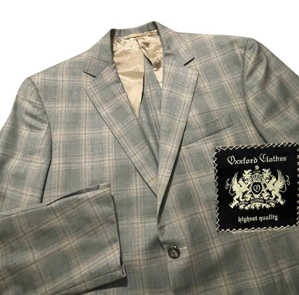 Oxxford Clothes Sport Coat Mens 40R Blue & Beige Plaid Bespoke Cashmere Silk USA